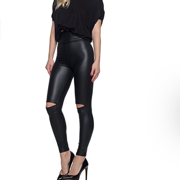 ✨JUST IN✨BLACK FAUX LEATHER KNEE CUT OUT SLICK LEGGINGS - Picture 4 of 15